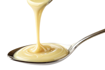 Sweetened condensed milk pouring on spoon isolated on transparent background