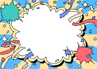 手書きの曲線フレームとデコレーション、ポップな背景フレーム、サンバースト、リボン、紙吹雪、コミック風