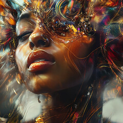 A colorful abstract background features vibrant swirls of reds, oranges, blues, and yellows