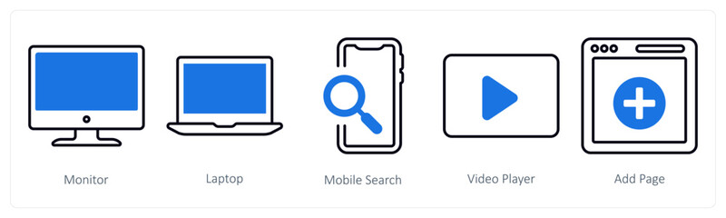 A set of 5 mix icons as monitor, laptop, mobile search