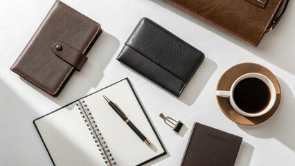 Flatlay of Leather Planners Pen and Coffee Cup on White Desk, Minimalist flat lay of luxury leather stationery items on white background, including a notebook, wallet, pen, and coffee cup 