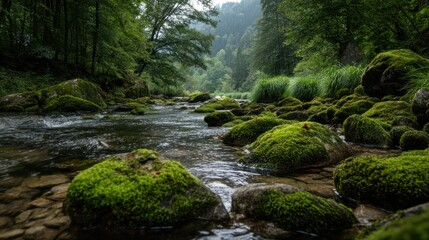 Fototapeta premium Moss covered rocks in a flowing forest river, lush green forest, fresh water movement, tranquil natural landscape, misty morning light