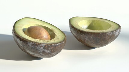 Minimalist avocado halves on white surface with soft shadows
