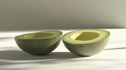 Minimalist avocado halves on white surface with soft shadows
