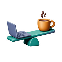 Balanced Laptop and Coffee Cup 3D Render: Work Life Harmony Concept