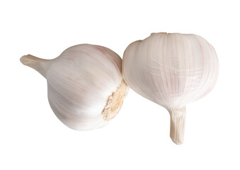 Side view of two white garlic bulbs in stack  isolated on white background with clipping path