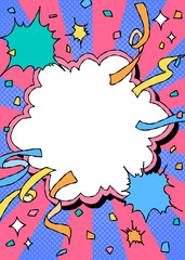 手書きの曲線フレームとデコレーション、ポップな背景フレーム、サンバースト、リボン、紙吹雪、コミック風、縦向き