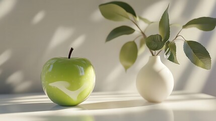 Minimalist Green Apple with Leaf on Sunlit Surface
