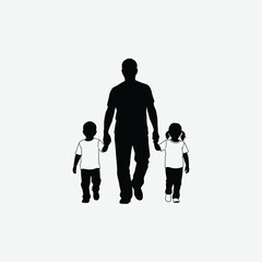 Silhouette of a father walking hand-in-hand with two kids. A peaceful, touching Parents Day vector. Perfect for family, love, bonding, and parent-child relationship themes.