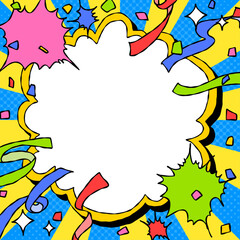 手書きの曲線フレームとデコレーション、ポップな背景フレーム、サンバースト、リボン、紙吹雪、コミック風、正方形サイズ