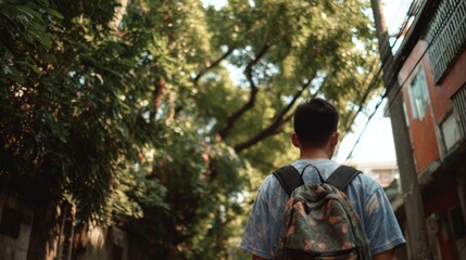 Boy in a t-shirt with backpack calmly walking down an alley with green trees  