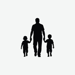 Silhouette of a father walking hand-in-hand with two kids. A peaceful, touching Parents Day vector. Perfect for family, love, bonding, and parent-child relationship themes.