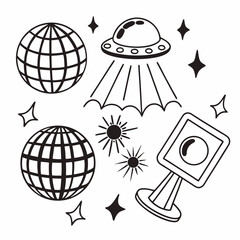 A futuristic Y2K vector shape pack featuring abstract icons, globes, glittering stars, grids and tech-inspired elements. Perfect for digital design, posters and streetwear...