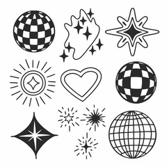 A futuristic Y2K vector shape pack featuring abstract icons, globes, glittering stars, grids and tech-inspired elements. Perfect for digital design, posters and streetwear...