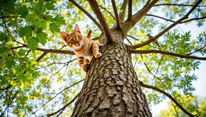 Majestic bengal cat climbing a tree in lush garden, playful adventure