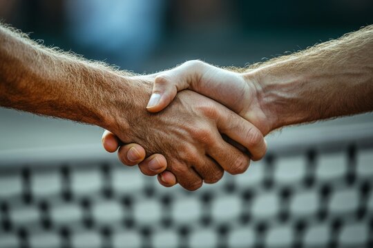 Tennis players shaking hands over the net, showing sportsmanship and respect after a competitive match, Generative AI - Powered by Adobe