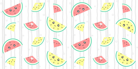 Red and yellow watermelon slices with a cute face and a carved heart on a striped background with small circles. Colorful endless texture with kawaii summer fruit. Vector seamless pattern for printing