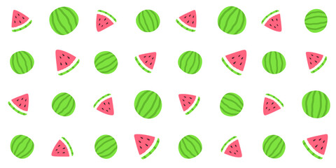A whole green watermelon and its red triangular slices on a white background. Fruit pieces. Colorful endless texture with summer fruit. Vector seamless pattern for packaging, surface texture, printing