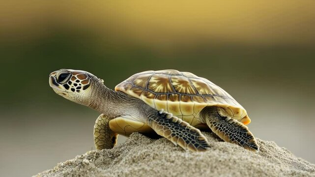 Young turtle exploring sandy ground with detailed shell and skin natural outdoor wildlife setting, showcasing peaceful moment of curious reptile nature and close up view of its shell and animal