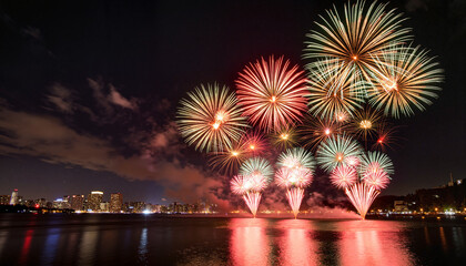 Vibrant fireworks over Zurich lake at night, Swiss Confederation Day