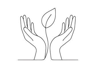 Fototapeta premium Eco Hands Holding Leaf continuous one line drawing minimalism design