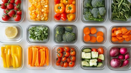 Colorful Vegetable Meal Prep in Glass Containers on Plain Background