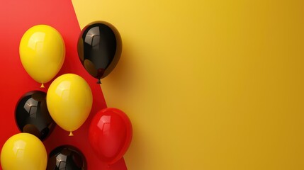 Belgian national day celebration with vibrant balloons on bold red and yellow background. Horizontal banner. Copy space. Red, yellow, black balloons on a red background