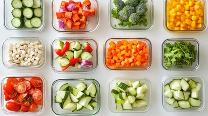 Colorful Chopped Vegetables in Glass Containers on White Background
