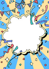 手書きの曲線フレームとデコレーション、ポップな背景フレーム、サンバースト、ガーランド、紙吹雪、コミック風、縦向き