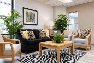 Modern waiting room interior design featuring black sofa and zebra print rug