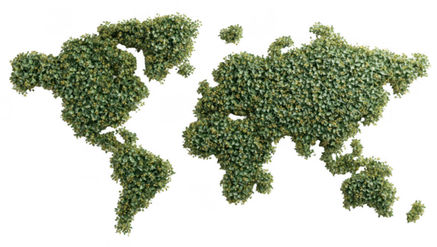 World map, stylized as a textured green forest