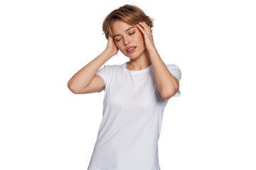 Young blonde woman holding head expressing depression and headache, isolated on transparent background