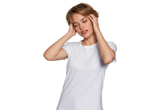 Young blonde woman holding head expressing depression and headache, isolated on transparent background