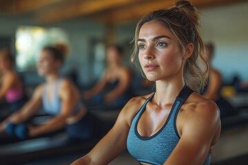 Pilates instructor training women at a gym, guiding them through focused and controlled movements to improve strength and flexibility, Generative AI