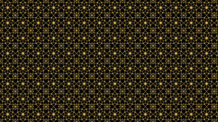 A seamless pattern with gold geometric shapes and lines on a black background in a repeating design