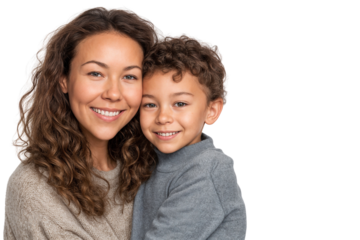 Portrait of a happy mother embracing her smiling young son. Loving family moment captured in a warm, Isolated on transparent background