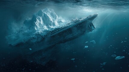 Fototapeta premium Historic Ocean Liner Pierced by Iceberg in Underwater Collision Below Arctic Surface