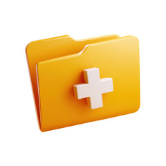 A vibrant yellow 3D rendered folder icon featuring a white plus sign emblem on its surface representing addition or new content