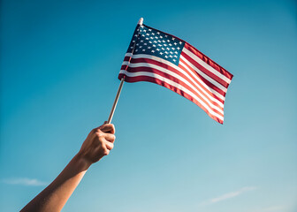 hand flag american mini stick closeup waving sky blue patriotism patriot USA celebration independence horizontal stock simple emotional background macro banner symbol red white summer

