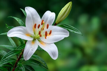 White lily flower blooming in spring garden