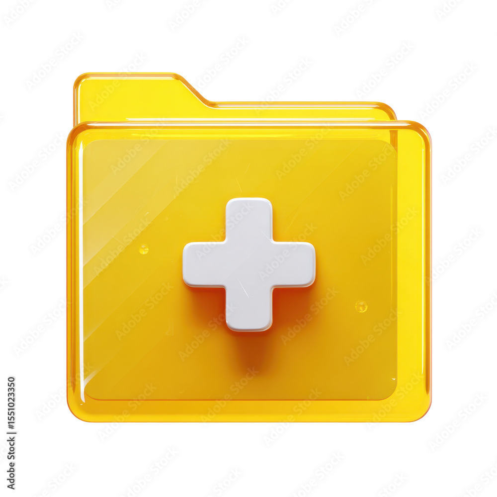 Poster bright yellow transparent 3d folder icon with white plus sign for adding new files or data safely