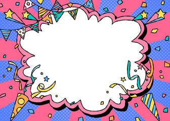 手書きの曲線フレームとデコレーション、ポップな背景フレーム、サンバースト、ガーランド、紙吹雪、コミック風、クラッカー