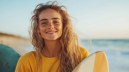 This vibrant image captures a young woman at the beach holding a surfboard, radiating joy and confidence as the setting sun creates a beautiful backdrop for her carefree spirit.