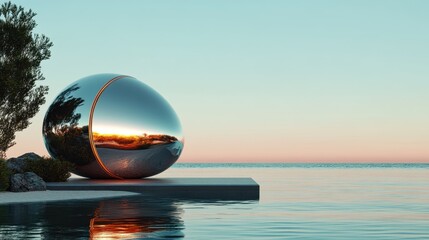 A striking metallic orb reflects the serene ocean and vibrant sunset, creating an intriguing focal point in a calm landscape that combines nature and modernity.