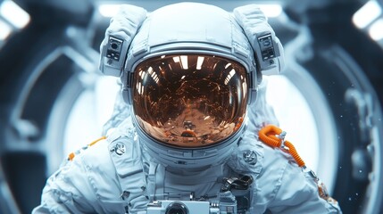 An astronaut in a sleek spacesuit, peering into the vastness of space, representing humankind's adventurous spirit and quest for knowledge beyond Earth amidst cosmic beauty.