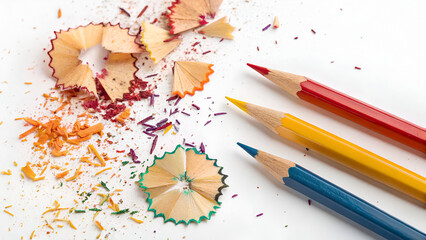 Colorful pencil shavings and sharpened pencils on a white background art and creativity concept