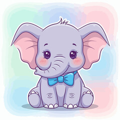 Fototapeta premium Adorable Baby Elephant with Light Purple Skin and Pink Ears Wearing a Blue Bow Tie Sitting Pose.