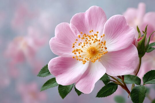 Sweetbrier rose blooming with delicate pink petals and yellow stamens