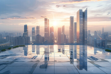 Modern eco-city skyline with glass towers, floating walkways, and glowing sunset from solar rooftop view.