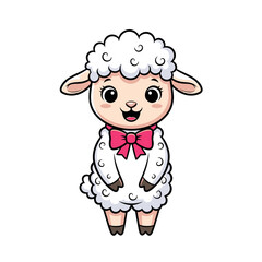 Obraz premium Adorable Cartoon Lamb with Pink Bow Standing Pose Fluffy White Wool.